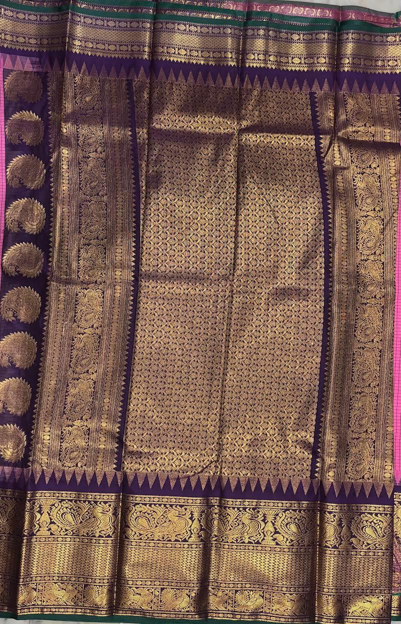 PURE GADWAL SILK PINK BODY BUTTI CHOCOLATE PALLU BLUE BIG BORDER AND BLOUSE BLUE SAREE - pochampallysarees.com