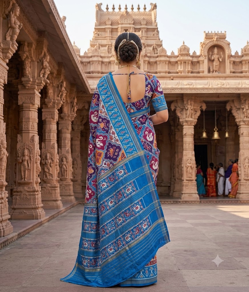 Royal Blue & Maroon Patola-Inspired Ikat Silk Saree with Traditional Elephant Motifs - pochampallysarees.com