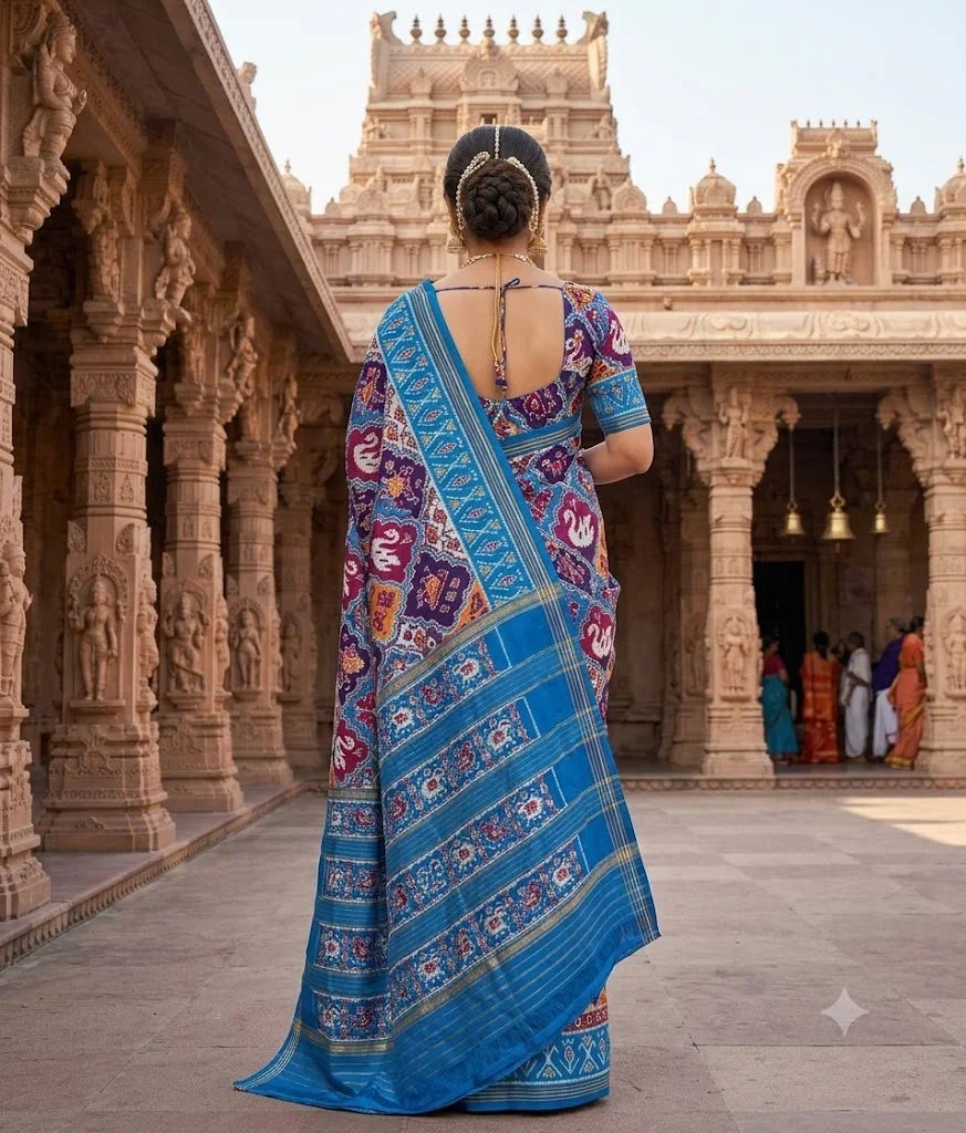 Royal Blue & Maroon Patola-Inspired Ikat Silk Saree with Traditional Elephant Motifs - pochampallysarees.com