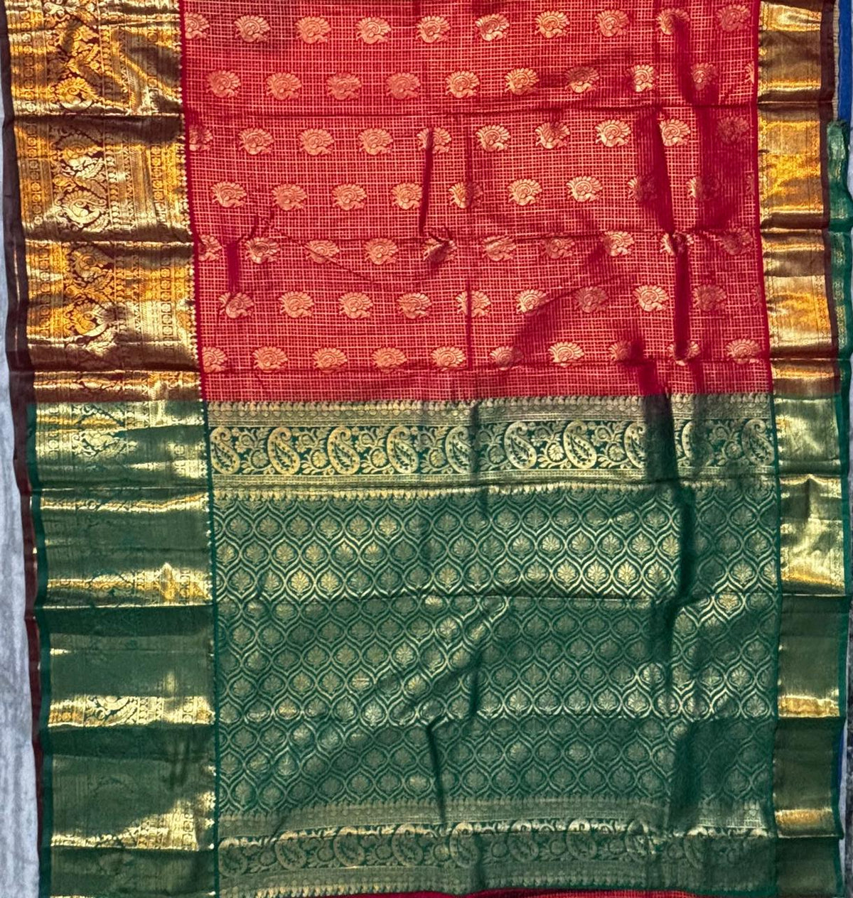 Semi Dharmavaram Silk Saree in Red and Green with Gold Zari