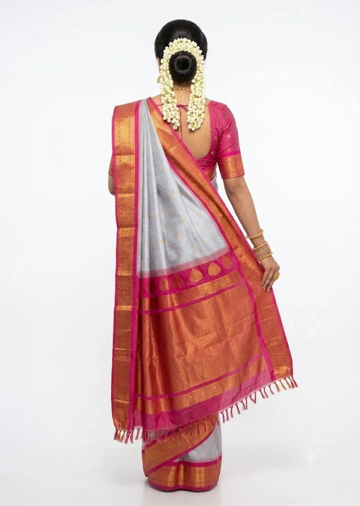 Pure Gadwal Silk Saree in Elegant Silvery Grey and Vibrant Deep Pink - pochampallysarees.com
