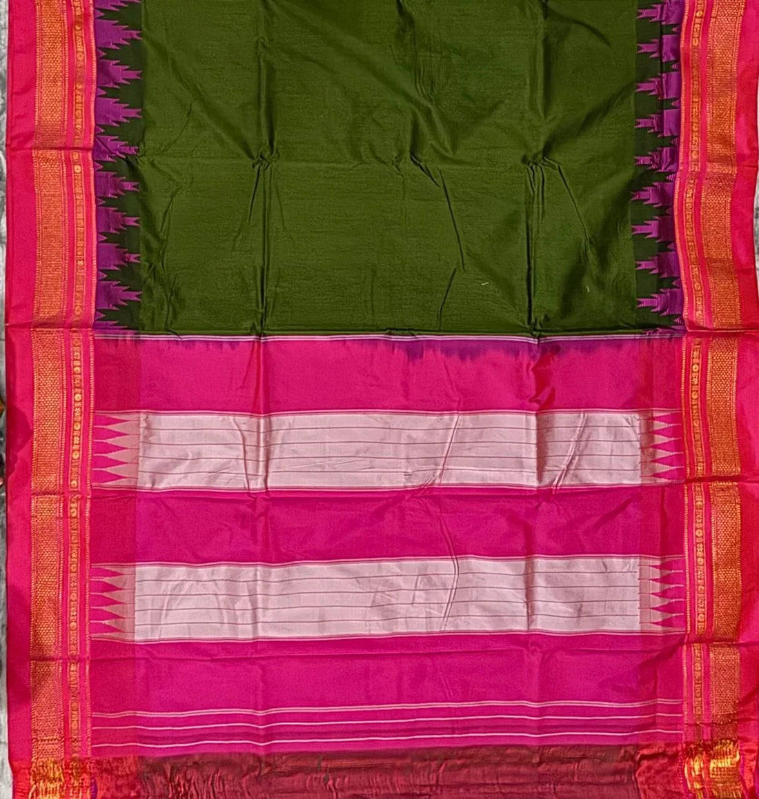 Olive Green Gadwal Silk Saree with Magenta Pink Pallu & Temple Border - pochampallysarees.com