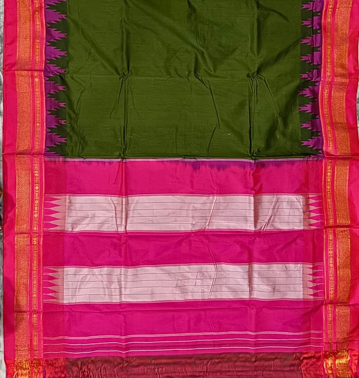 Olive Green Gadwal Silk Saree with Magenta Pink Pallu & Temple Border - pochampallysarees.com