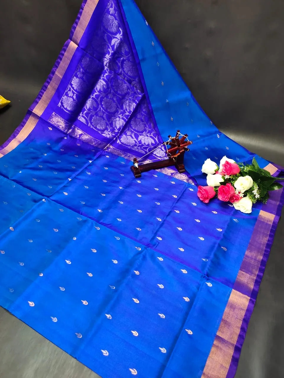 Royal Blue and Indigo Uppada Pattu Silk Saree with Floral Zari Brocade - pochampallysarees.com