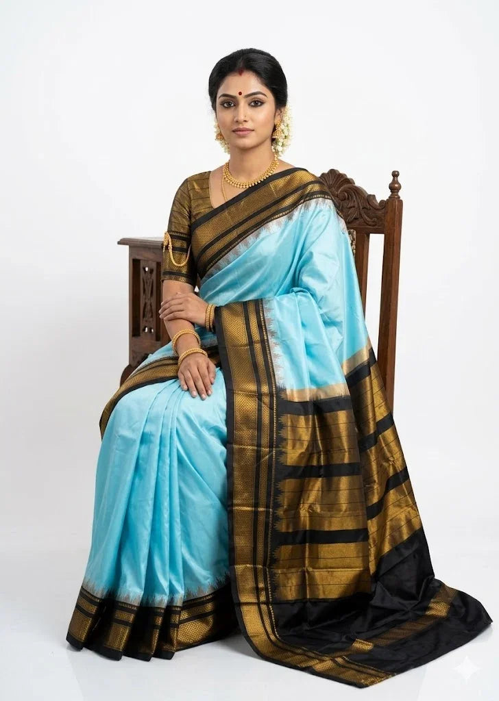 Elegant Light Sky Blue Silk Saree with Traditional Black & Gold Zari Border - pochampallysarees.com