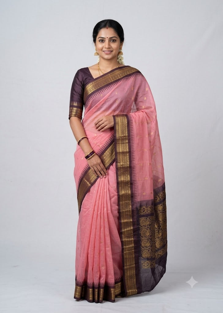 Authentic Pink Gadwal Cotton Saree with Contrast Zari Border