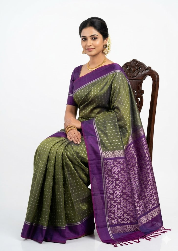 Elegant Olive Green Soft Silk Saree with Rich Purple Pallu