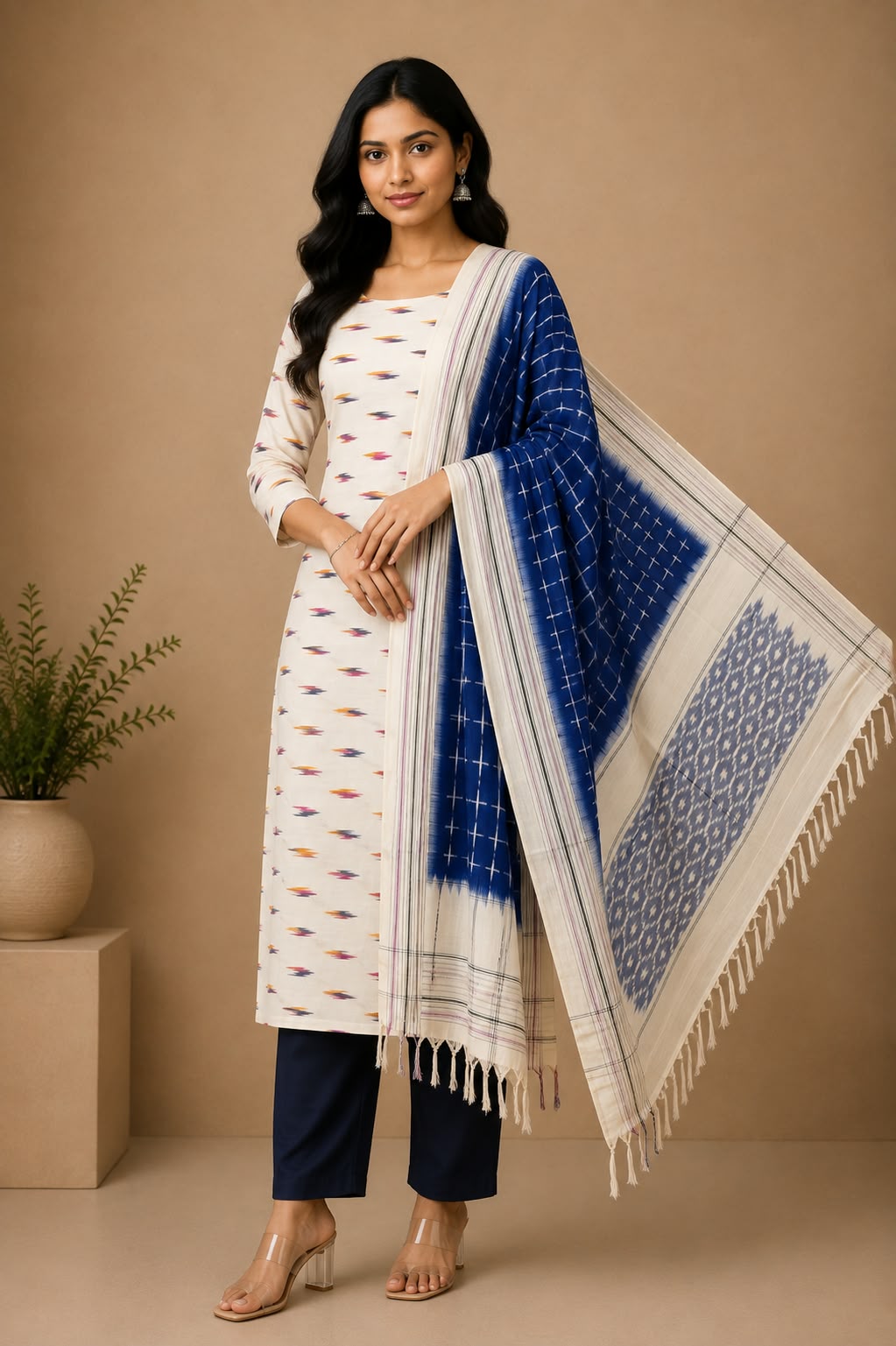 Off-White & Indigo Blue Handloom Double Ikkat Cotton Dress Material Set