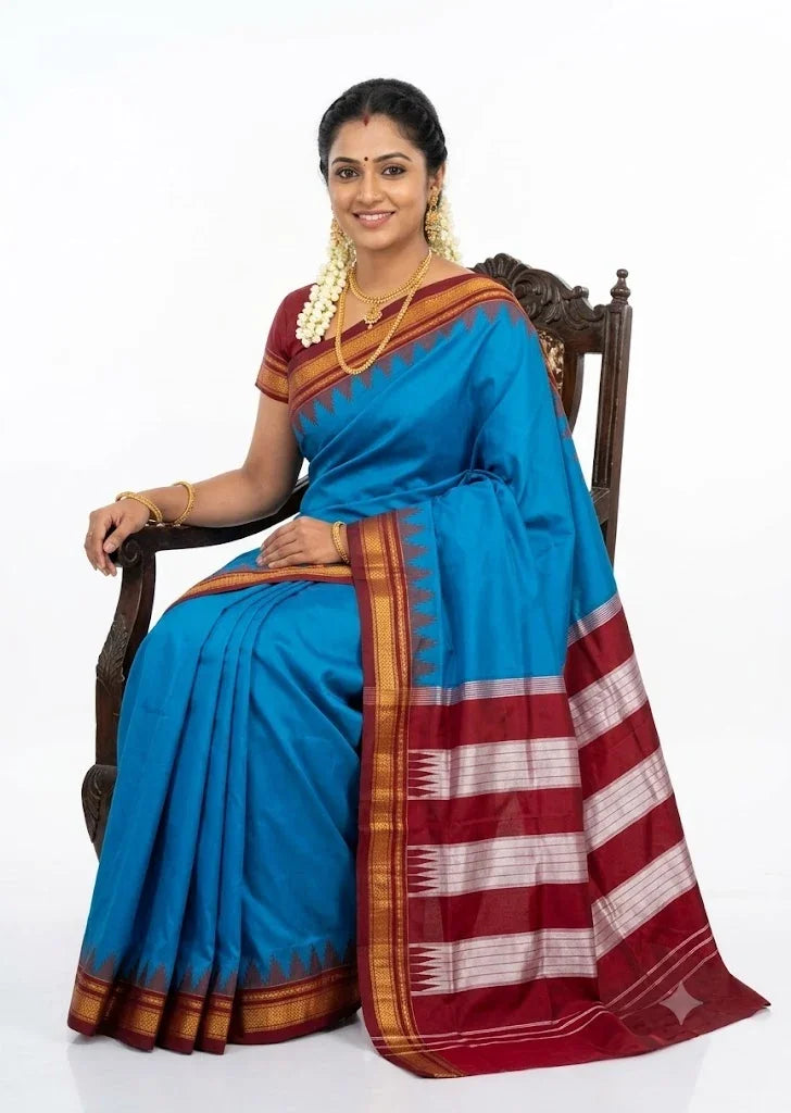 Electric Blue Gadwal Silk Saree with Maroon & White Pallu - pochampallysarees.com