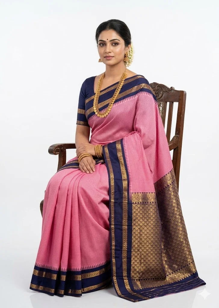 Exquisite Gadwal Silk Saree – Light Pink & Navy Blue Traditional Handloom - pochampallysarees.com
