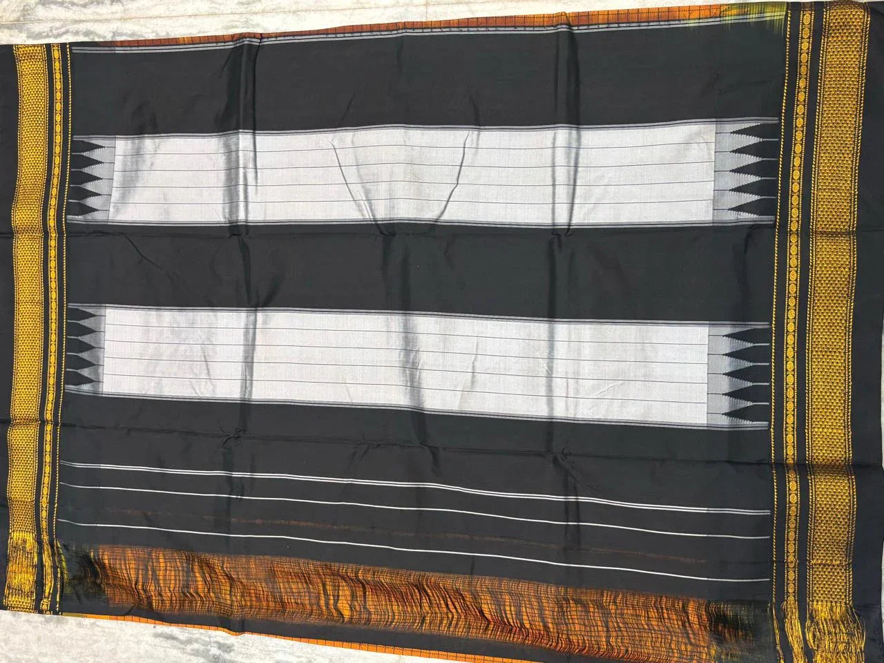 Teal Blue & Black Pure Gadwal Silk Saree with Temple Border - pochampallysarees.com