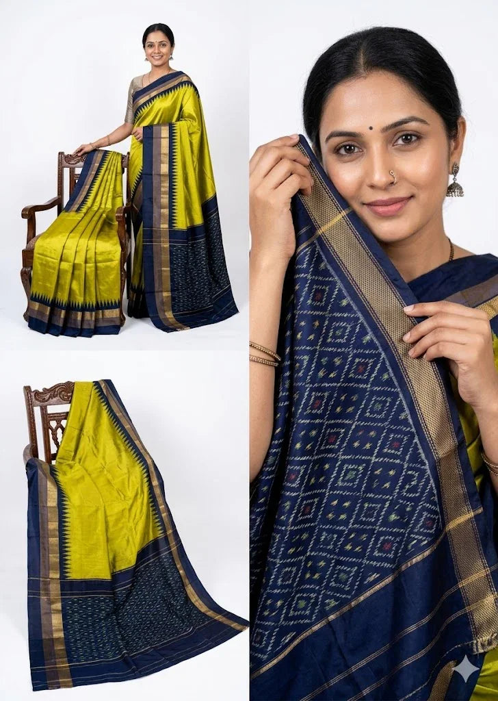 Authentic Pure Ikkat Silk Saree - Lime Green with Navy Blue Temple Border - pochampallysarees.com