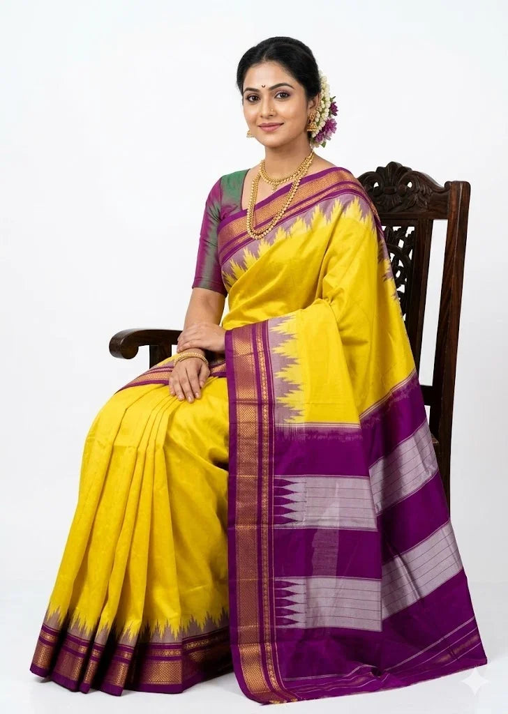 Radiant Yellow Gadwal Saree with Majestic Magenta-Purple Border - pochampallysarees.com