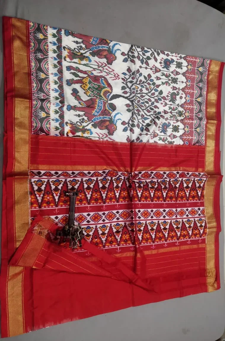 Handloom Pochampally Ikat Silk Patola Saree in Crimson Red and Off-White - pochampallysarees.com