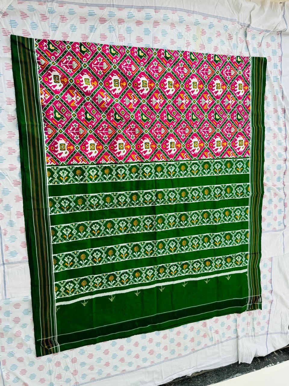 Authentic Pure Pochampally Double Ikat Patola Silk Saree - Pink & Green - pochampallysarees.com
