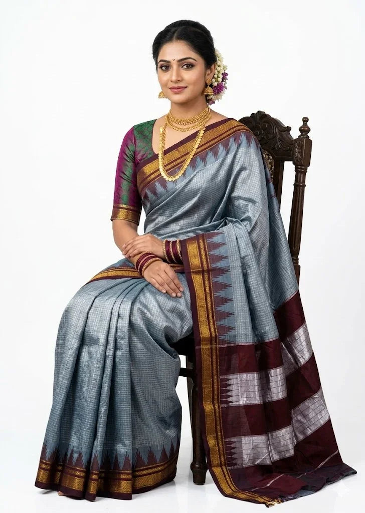 Classic Silver-Gray Gadwal Saree with Deep Wine Maroon Border - pochampallysarees.com