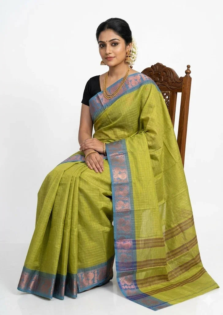 NARAYANPET COTTON SARI OLIVE GREEN - pochampallysarees.com