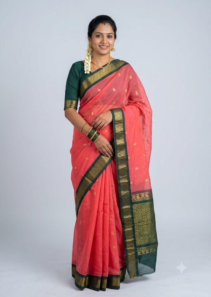 Traditional Coral Pink Gadwal Cotton Saree with Forest Green Zari Border gc31