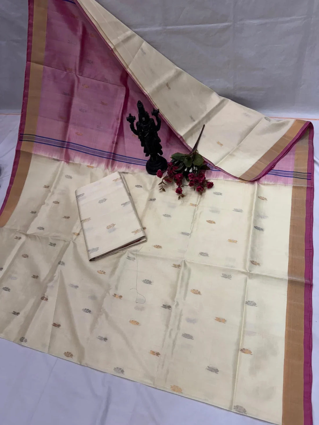 Off-White and Pastel Onion Pink Uppada Pattu Silk Saree with Zari Motifs - pochampallysarees.com