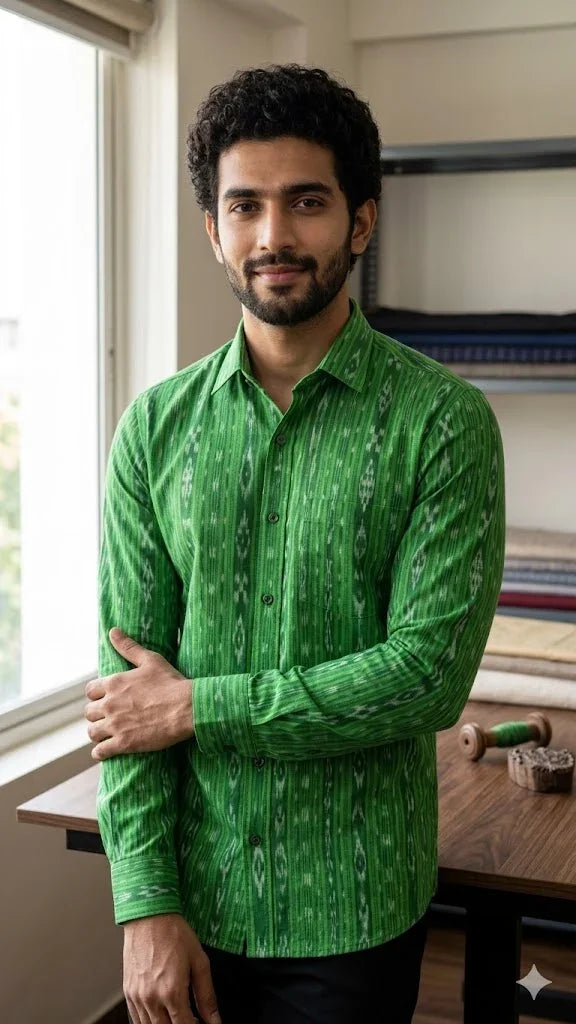 Premium Green Sambalpuri Ikat Unstitched Handloom Fabric - pochampallysarees.com