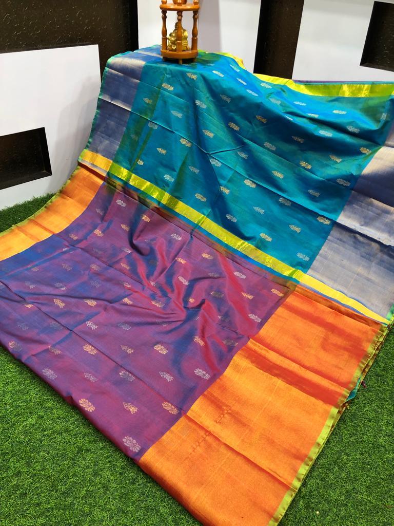 Exquisite Peacock Blue & Purple Uppada Pattu Saree with Zari Motifs - pochampallysarees.com