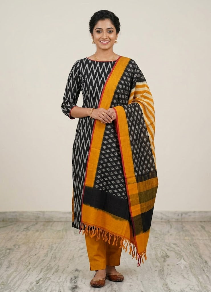 DOUBLE IKAT COTTON BLACK WITH YELLOW COLOR DRESS MATERIAL - C48