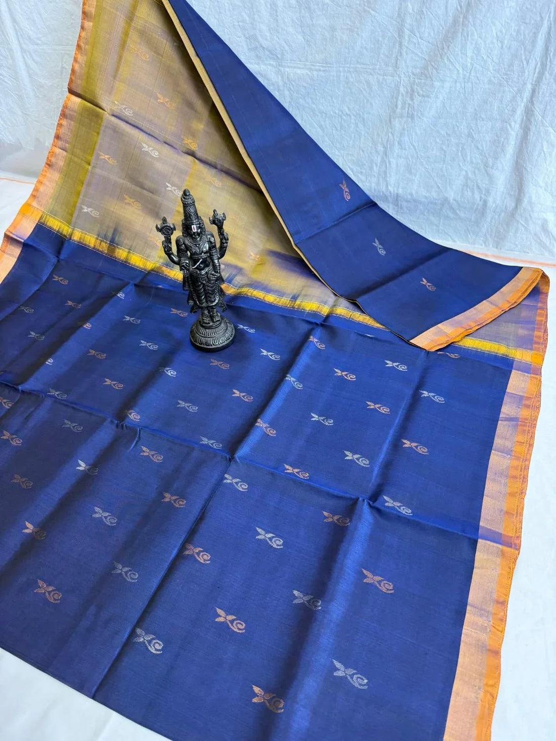 Navy Blue and Mustard Yellow Uppada Pattu Silk Saree with Zari Motifs - pochampallysarees.com
