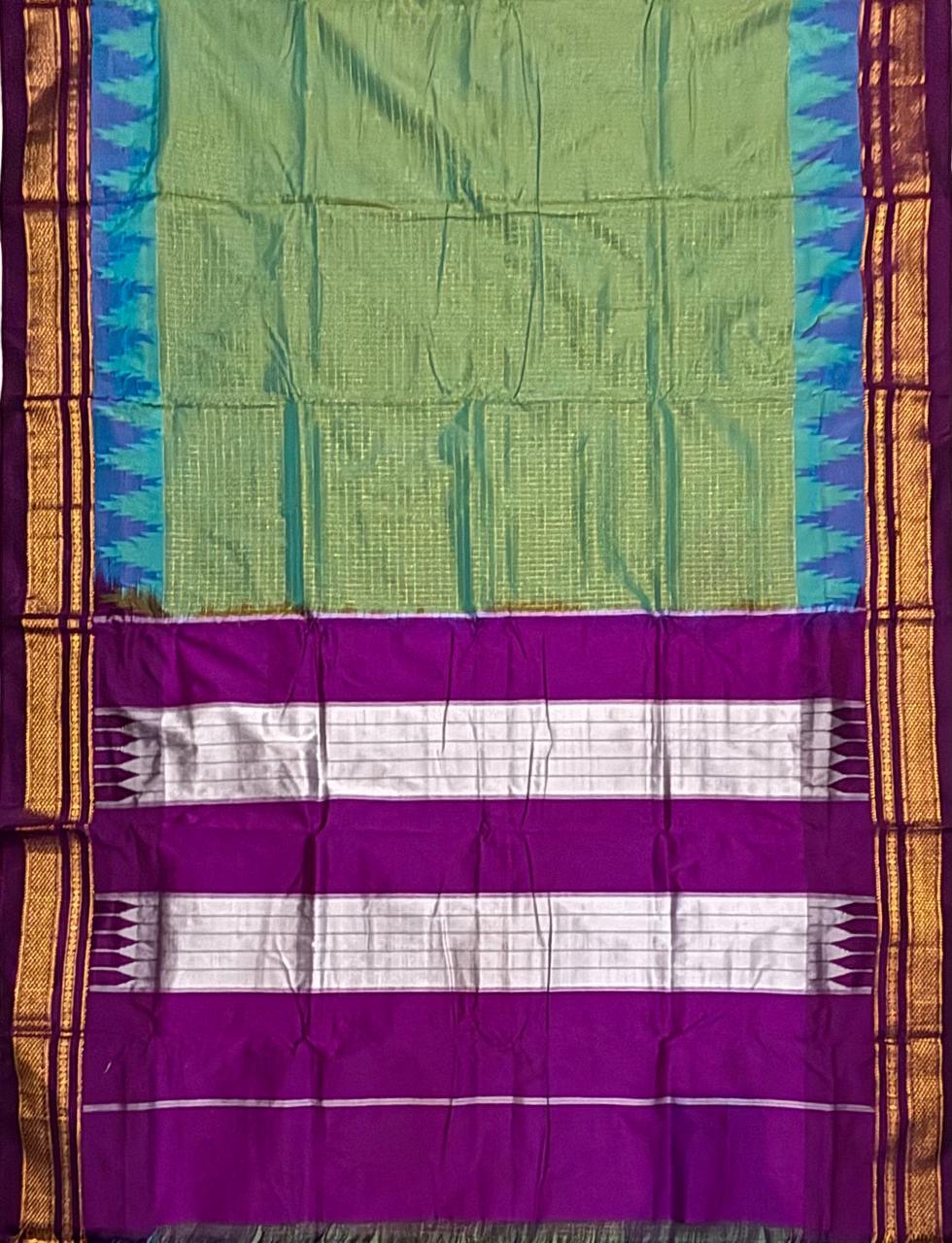 Olive Green Gadwal Silk Saree with Magenta Pink Pallu & Silver Temple Border - pochampallysarees.com
