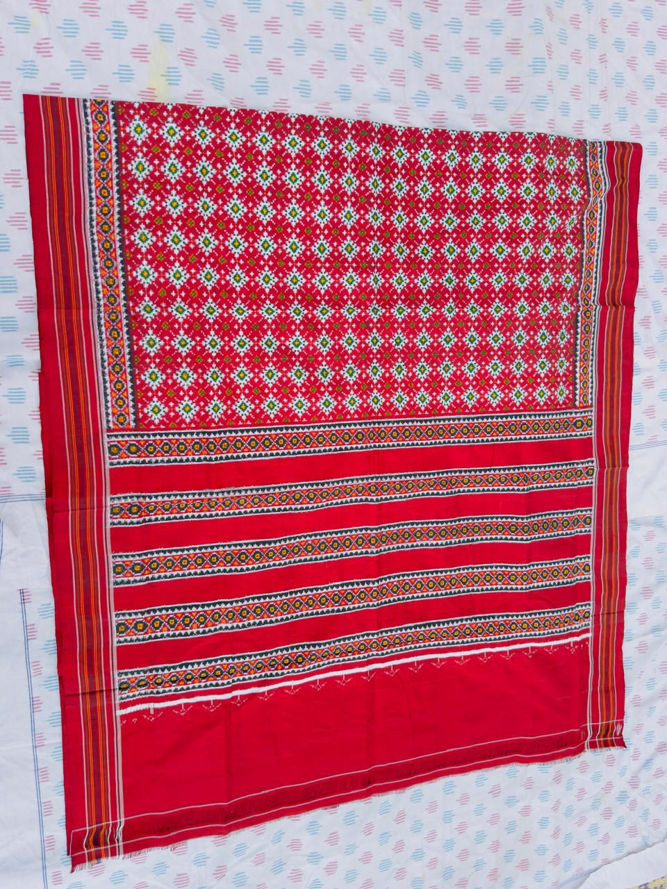 Red Patola Saree with Geometric Weave | Traditional Indian Wear - pochampallysarees.com