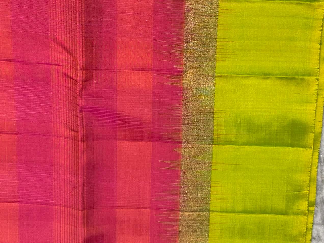 Pure Soft Silk Saree in Rani Pink & Lime Green | Gold Zari Checkered Body with Rich Contrast Pallu & Tassels | Festive & Wedding Wear - pochampallysarees.com
