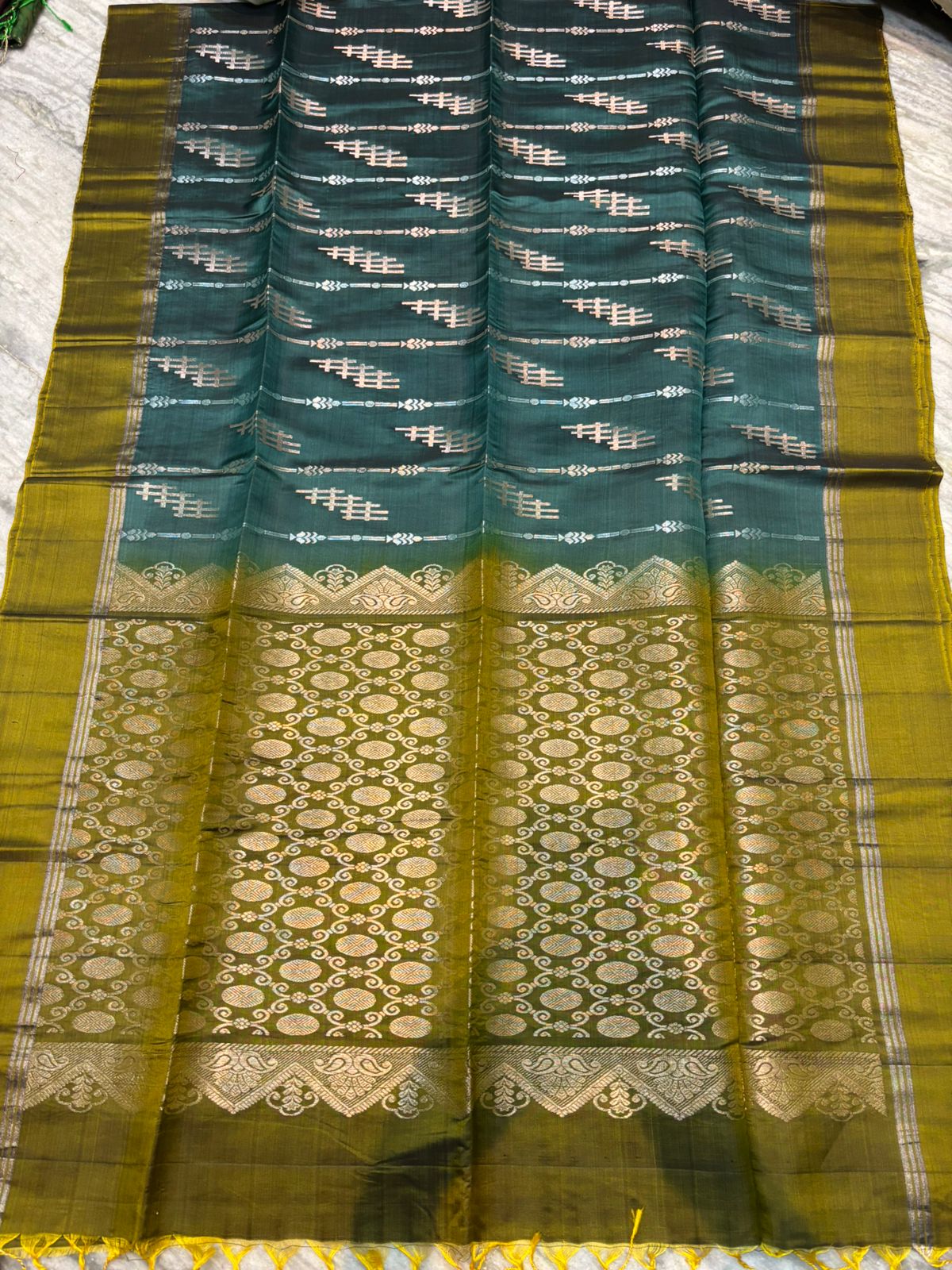 Teal Green Soft Silk Saree with Mustard Yellow Contrast Border & Woven Motifs