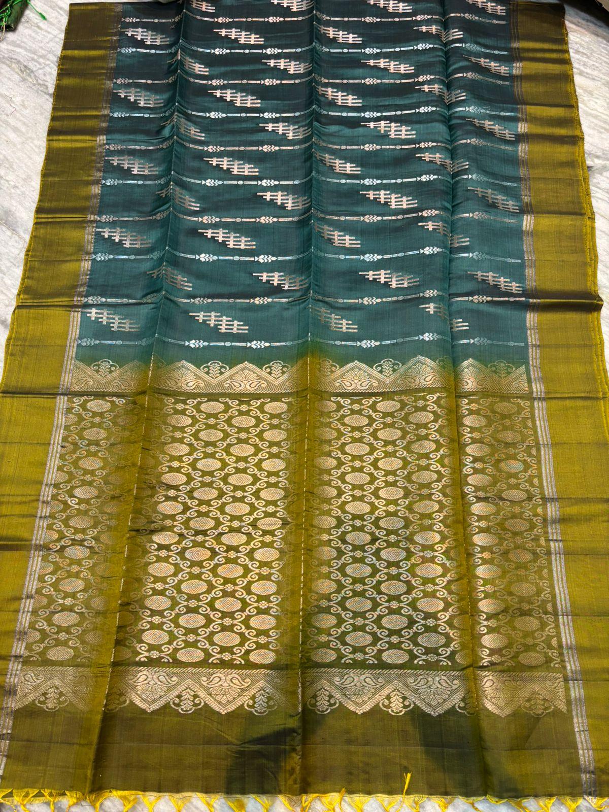 Teal Green Soft Silk Saree with Mustard Yellow Contrast Border & Woven Motifs - pochampallysarees.com