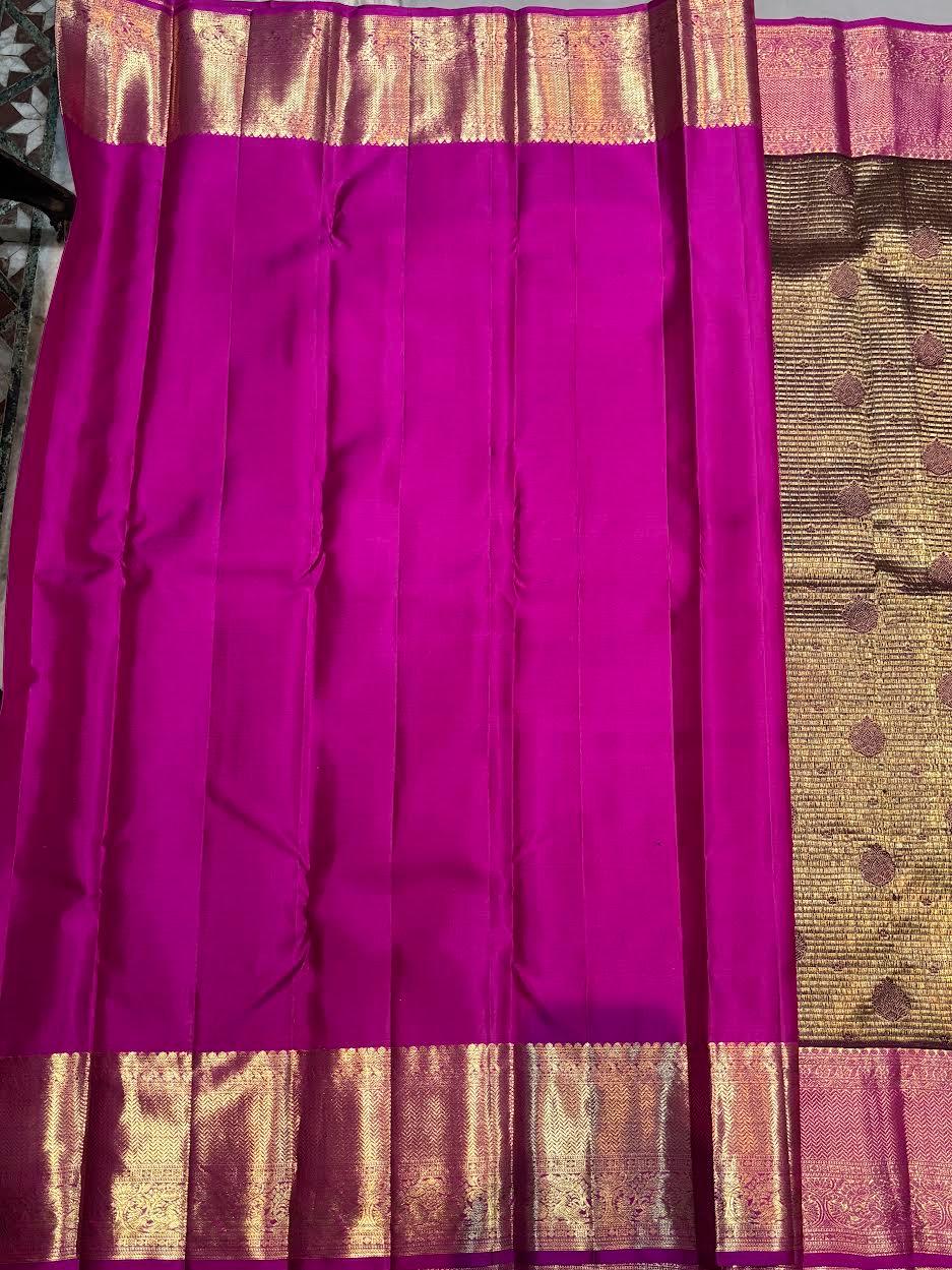 Authentic Deep Wine & Magenta Kanchipuram Silk Saree with Gold Zari Checks & Peacock Motifs - pochampallysarees.com