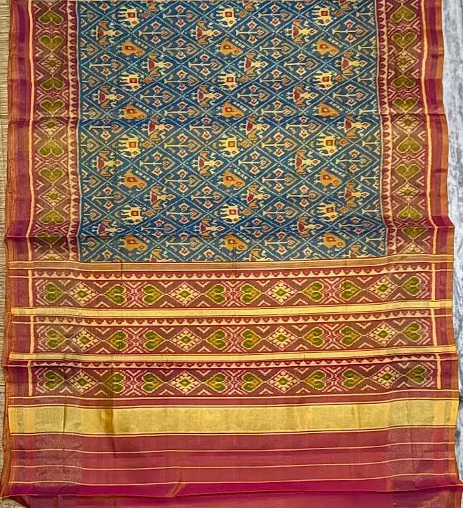 Handloom Ikat Real Patola Silk Saree – Classic Blue & Maroon - pochampallysarees.com