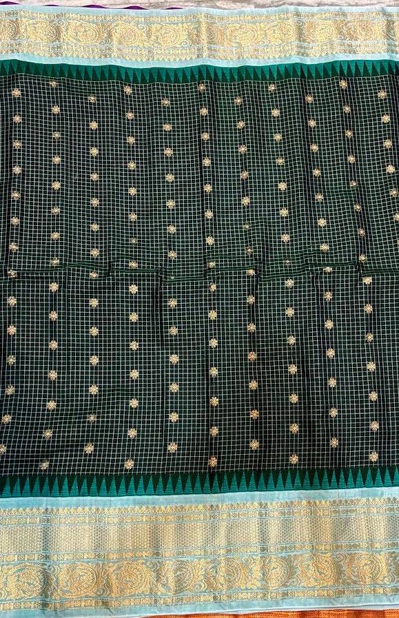 Pure Gadwal Silk Saree in Forest Green Checks with Light Blue Border - pochampallysarees.com