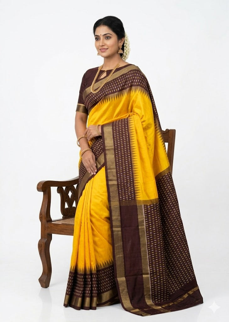 Yellow & Chocolate Pure Ikkat Silk Saree