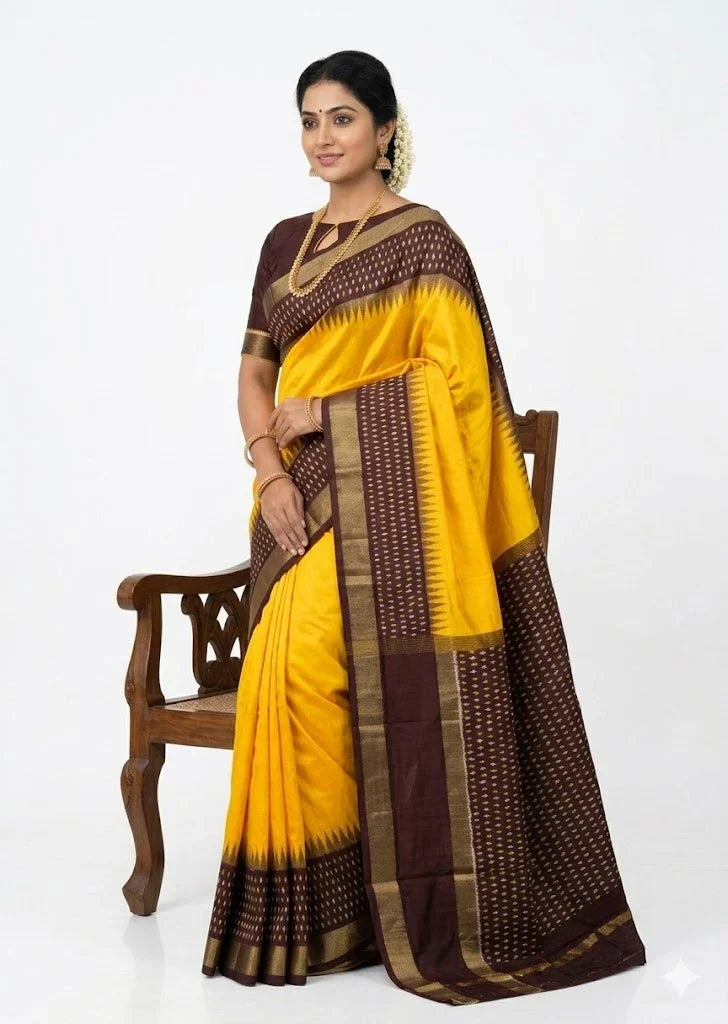 Yellow & Chocolate Pure Ikkat Silk Saree - pochampallysarees.com