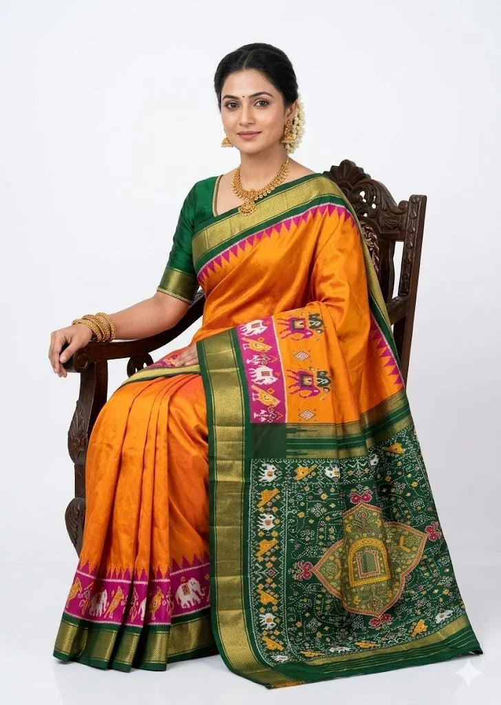 Golden Yellow Traditional Silk Saree with Green Pallu & Elephant Motifs - pochampallysarees.com