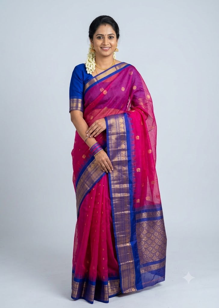 Traditional Magenta Pink Gadwal Cotton Saree with Royal Blue Zari Border gc9