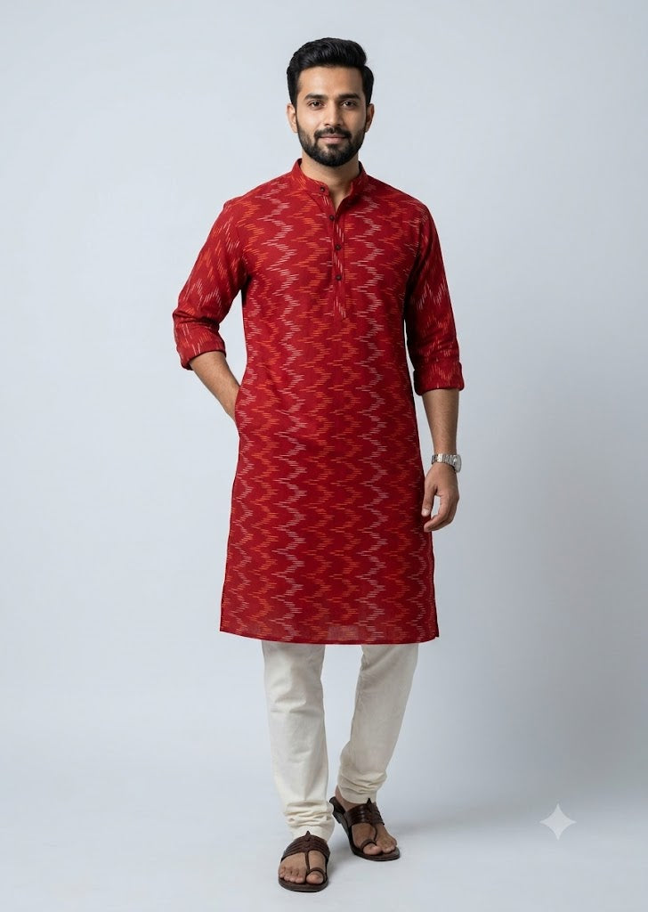 Red Pochampally Ikat Fabric – Handwoven Pure Cotton Material