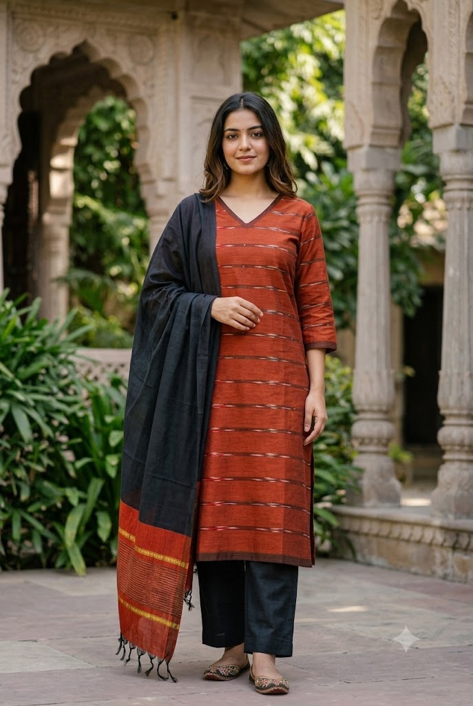 Pochampally Ikkat Poly Cotton Unstitched Dress Material with Borderless Dupatta (3-Piece Set - Red-Rust & Black)