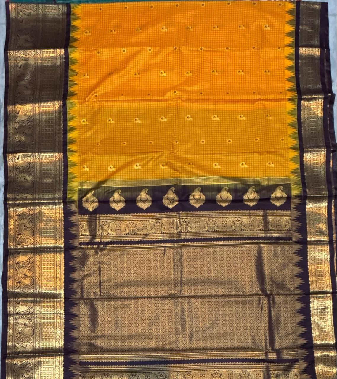 Traditional Mustard Yellow & Chocolate Brown Gadwal Silk Saree with Zari Border - pochampallysarees.com