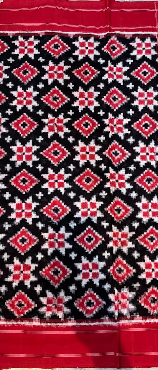TELIA RUMAL DOUBLE IKKAT COTTON BLACK RED SAREE - pochampallysarees.com