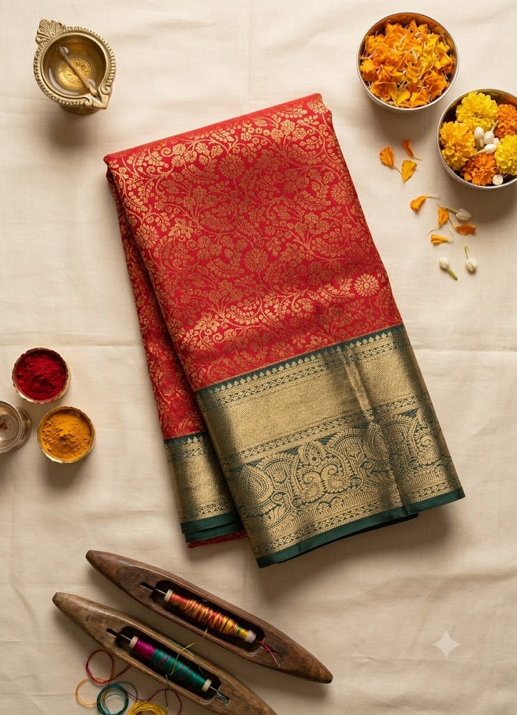 Orange Semi Dharmavaram Silk Saree with Bottle green Rich Zari Pallu & Border