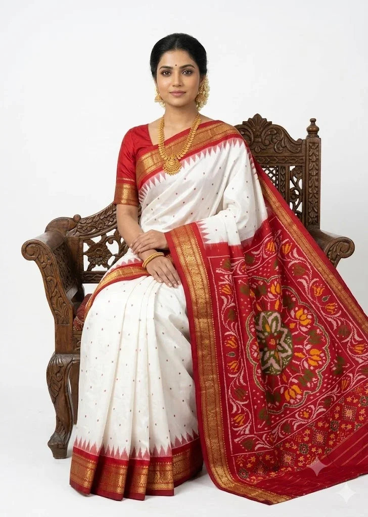 White Pochampally Ikkat Silk Saree with Red Zari Border - pochampallysarees.com