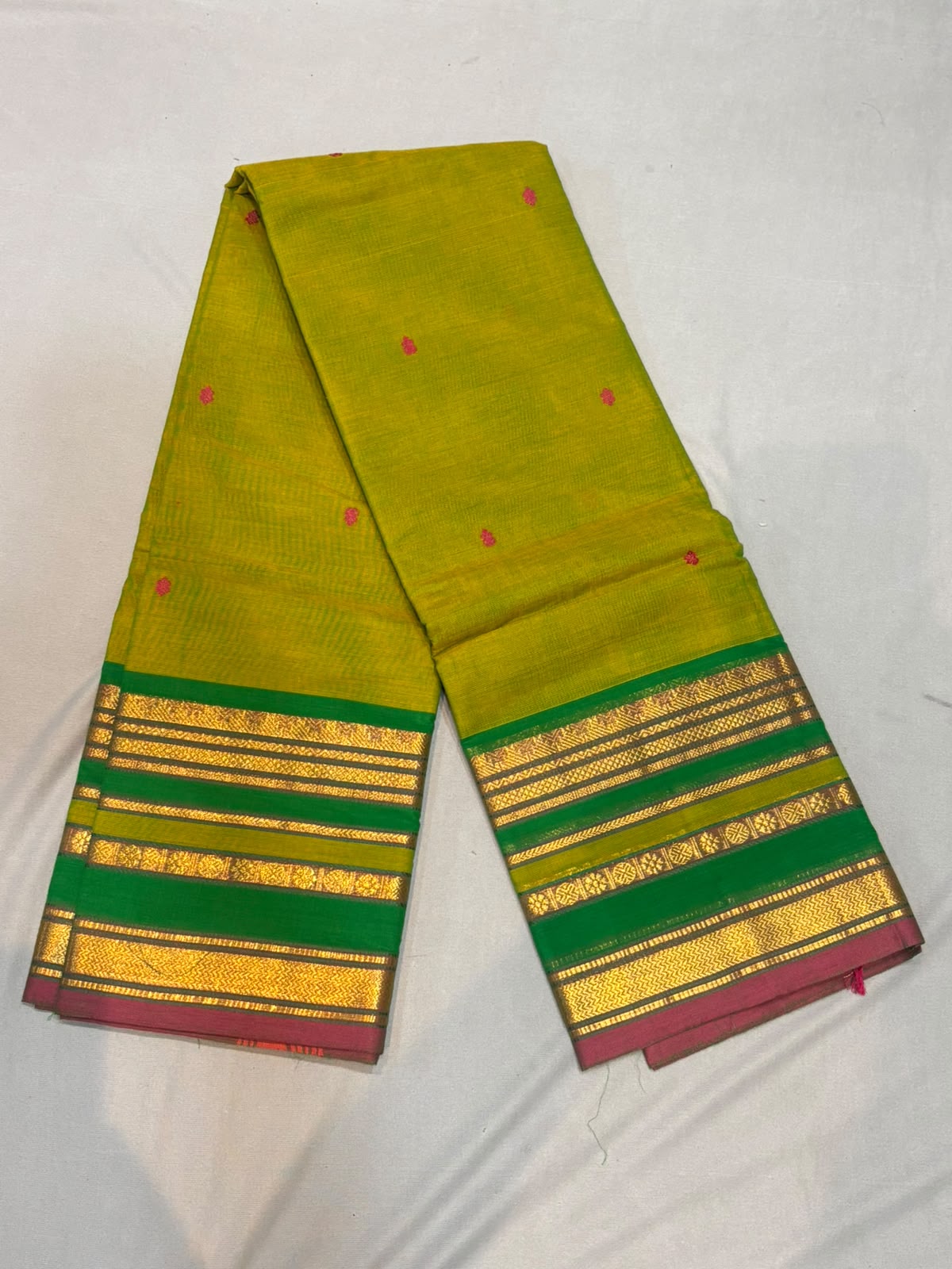 Lime Green Pure Kanchi Cotton Saree with Green & Gold Zari Border (Running Blouse)