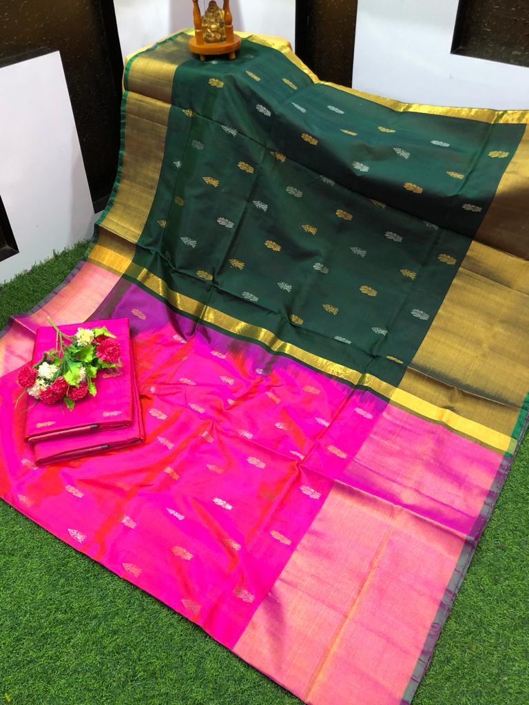 Exquisite Bottle Green & Bright Pink Uppada Pattu Saree with Zari Motifs - pochampallysarees.com