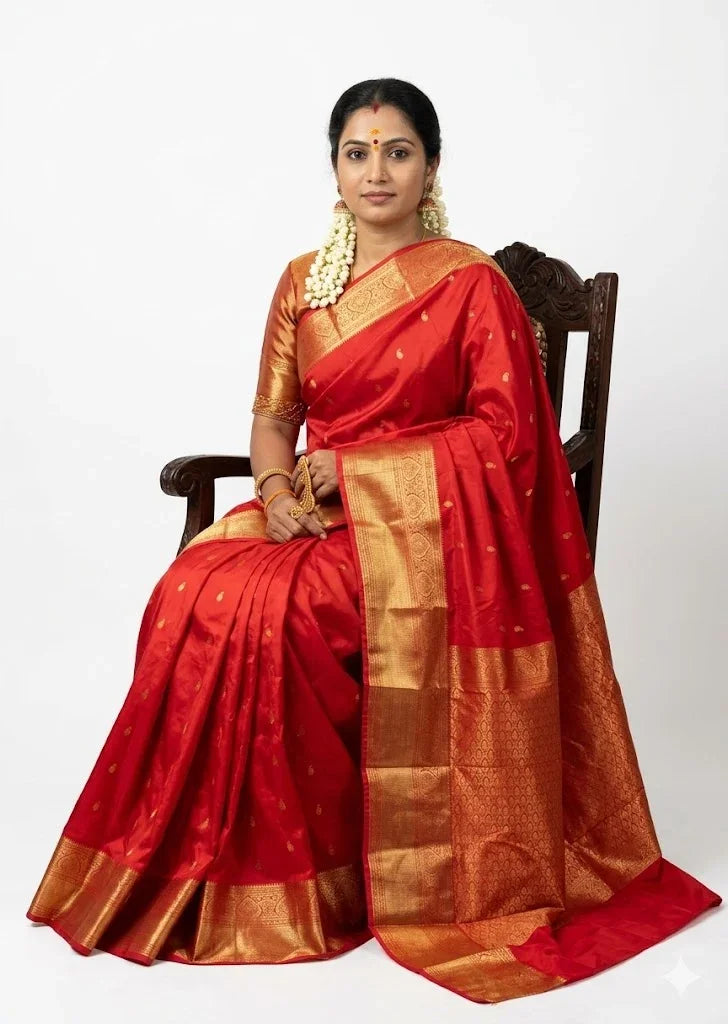 Authentic Bridal Red Dharmavaram Silk Saree with Heavy Gold Zari Border - pochampallysarees.com