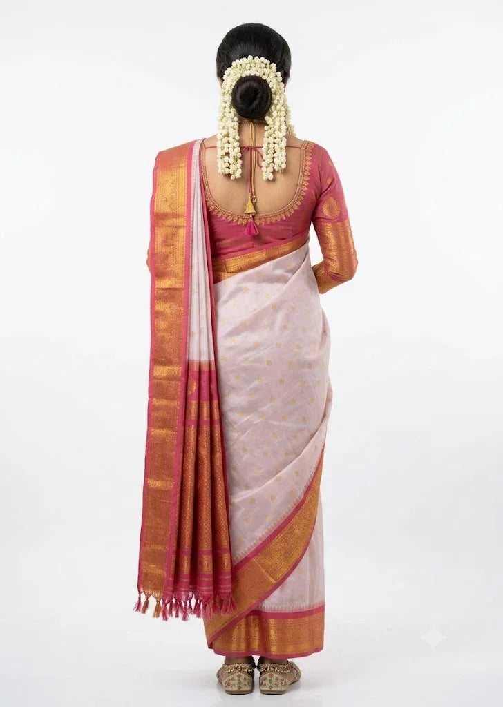 Elegant Off-White Pure Silk Saree with Contrasting Pink Zari Border and Mango Buttas - pochampallysarees.com