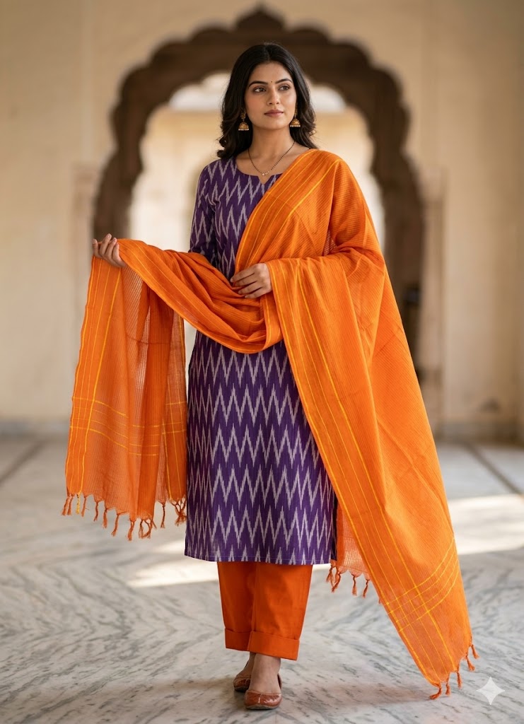 Pure Handloom Ikat Purple and Orange Unstitched Suit Set